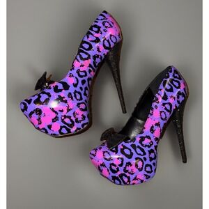 NEW Too Fast Zombie Heels Leosplat Purple Pink Leopard Size 8 Black Sparkles